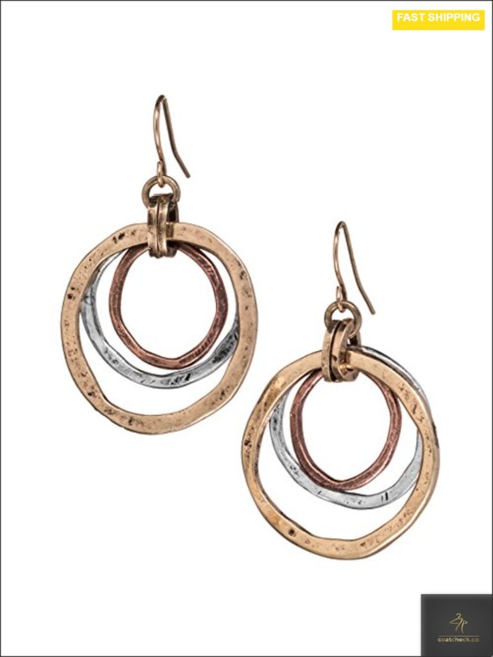 Handmade Mixed Metal Dangle Earrings - Hammered Brass Copper Silver Tone